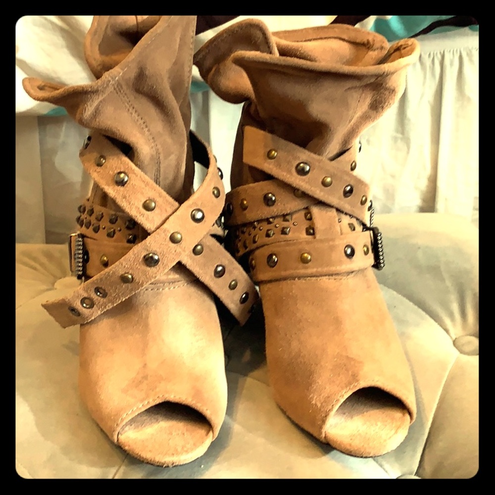 Suede short, peep toe booties with silver